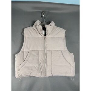 Stoosh Puffer Vest Women Large Beige Waffle Corduroy Cropped Zip 55252